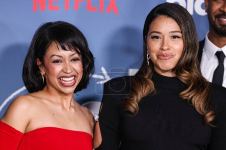 Photo for Liza Koshy and Gina Rodriguez arrive at the Los Angeles Premiere Of Netflix's 'Players' held at The Egyptian Theatre Hollywood on February 8, 2024 in Hollywood, Los Angeles, California, United States. - Royalty Free Image