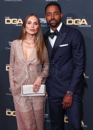 Photo for Nina Senicar and husband Jay Ellis arrive at the 76th Annual Directors Guild Of America (DGA) Awards held at The Beverly Hilton Hotel on February 10, 2024 in Beverly Hills, Los Angeles, California, United States. - Royalty Free Image
