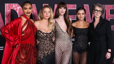Photo for Celeste O'Connor, Sydney Sweeney, Dakota Johnson, Isabela Moner Merced and S.J. Clarkson arrive at the World Premiere Of Columbia Pictures' 'Madame Web' held at Regency Village Theatre on February 12, 2024 in Westwood, Los Angeles, California, USA. - Royalty Free Image