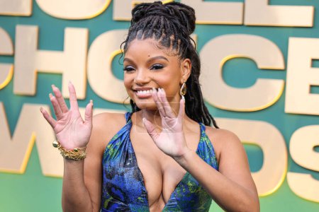 Photo for Halle Bailey wearing an archive Roberto Cavalli dress with Jimmy Choo shoes and Kallati jewelry arrives at the 49th Annual People's Choice Awards 2024 held at The Barker Hangar on February 18, 2024 in Santa Monica, Los Angeles, California - Royalty Free Image