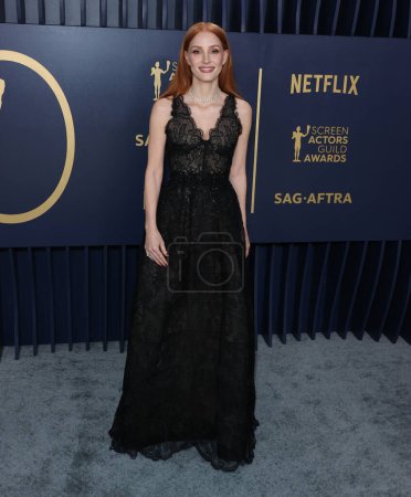 Photo for Jessica Chastain wearing a custom Armani dress and DeBeers jewelry arrives at the 30th Annual Screen Actors Guild Awards held at the Shrine Auditorium and Expo Hall on February 24, 2024 in Los Angeles, California, United States. - Royalty Free Image