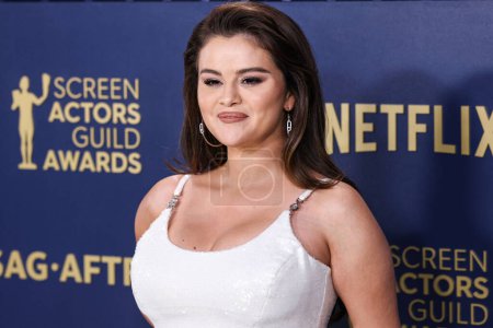 Photo for Selena Gomez wearing Versace and Messika jewels arrives at the 30th Annual Screen Actors Guild Awards held at the Shrine Auditorium and Expo Hall on February 24, 2024 in Los Angeles, California, United States. - Royalty Free Image