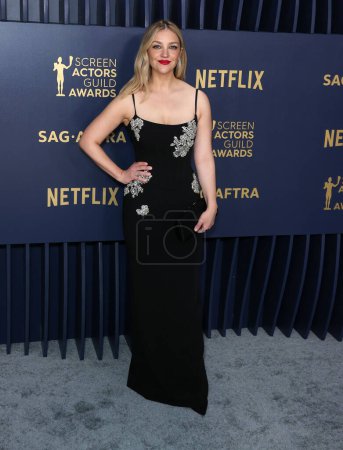 Photo for Abby Elliott wearing a Zuhair Murad dress and a Tyler Ellis clutch arrives at the 30th Annual Screen Actors Guild Awards held at the Shrine Auditorium and Expo Hall on February 24, 2024 in Los Angeles, California, United States. - Royalty Free Image