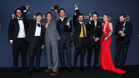 Photo for Benny Safdie, Cillian Murphy, Robert Downey Jr., Josh Hartnett, Alden Ehrenreich, Casey Affleck, Emily Blunt and Kenneth Branagh, winners of the Outstanding Performance by a Cast in a Motion Picture award for 'Oppenheimer' on Feb. 24, 2024 in LA, USA - Royalty Free Image