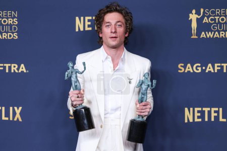 Photo for Jeremy Allen White, winner of the Outstanding Performance by a Male Actor in a Comedy Series and Outstanding Performance by an Ensemble in a Comedy Series awards for 'The Bear' on February 24, 2024 in Los Angeles, California, United States. - Royalty Free Image