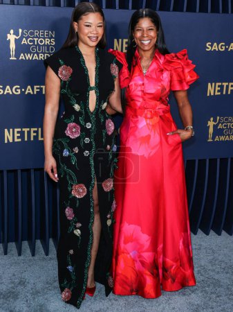 Photo for Storm Reid and mother Robyn Simpson Reid arrive at the 30th Annual Screen Actors Guild Awards held at the Shrine Auditorium and Expo Hall on February 24, 2024 in Los Angeles, California, United States. - Royalty Free Image