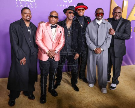Photo for Ricky Bell, Michael Bivins, Ralph Tresvant, Ronnie DeVoe, Johnny Gill and Bobby Brown of New Edition arrive at the 55th Annual NAACP Image Awards held at the Shrine Auditorium and Expo Hall on March 16, 2024 in Los Angeles, California, United States. - Royalty Free Image