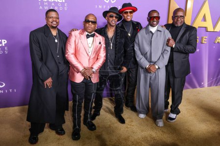 Photo for Ricky Bell, Michael Bivins, Ralph Tresvant, Ronnie DeVoe, Johnny Gill and Bobby Brown of New Edition arrive at the 55th Annual NAACP Image Awards held at the Shrine Auditorium and Expo Hall on March 16, 2024 in Los Angeles, California, United States. - Royalty Free Image