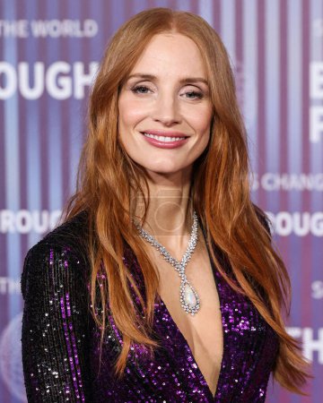 Photo for Jessica Chastain wearing Elie Saab and Damiani jewels arrives at the 10th Annual Breakthrough Prize Ceremony held at the Academy Museum of Motion Pictures on April 13, 2024 in Los Angeles, California, United States. - Royalty Free Image