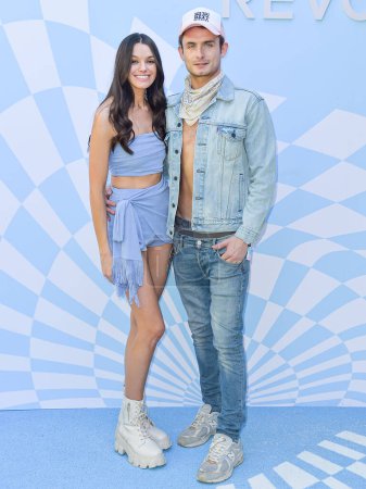 Photo for Ally Lewber and boyfriend James Kennedy arrive at the 7th Annual REVOLVE Festival 2024 during the 2024 Coachella Valley Music And Arts Festival - Weekend 1 - Day 2 held at the Parker Palm Springs Hotel on April 13, 2024 in Palm Springs, USA. - Royalty Free Image