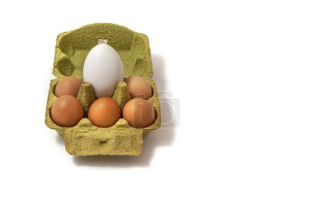 Téléchargez les photos : Cinq œufs de poule et un œuf de canard. Juxtaposition et différence de taille entre les types d'œufs. - en image libre de droit