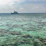 A dive boat floats on the horizon over a stunning coral reef off the coast of Sudan in the Red Sea. Adventure awaits in the depths.