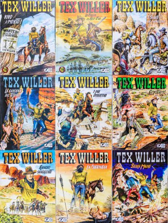 Téléchargez les photos : CREMONA, ITALIE - SEPTEMBRE 2023 : première édition originale de la série de bandes dessinées italienne Tex Willer - numéros de 1 à 9 imprimés en 2019 - en image libre de droit