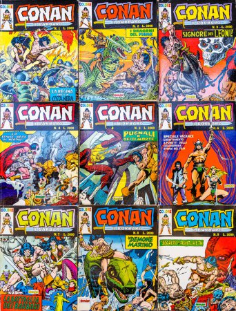 Photo for CREMONA, ITALY - SEPTEMBER 2023. original first edition collection of the italian Conan the barbarian comic series - numbers from 1 to 9 printed in 1989 draw by John Buscema - Royalty Free Image