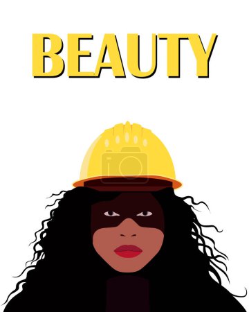 Illustration for Vector illustration of a portrait of  a curly young female with a worker yellow helmet on his head - Royalty Free Image
