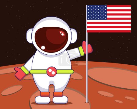 Illustration for Vector illustration of an astronaut showing the american flag standing on a red planet - Royalty Free Image