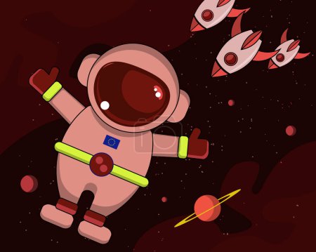 Illustration for Vector illustration of an astronaut floating in space between the planets of the solar system - Royalty Free Image