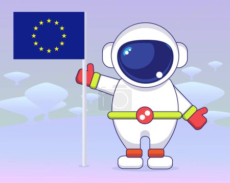 Illustration for Vector illustration of an astronaut showing the european union flag standing on a frozen planet - Royalty Free Image