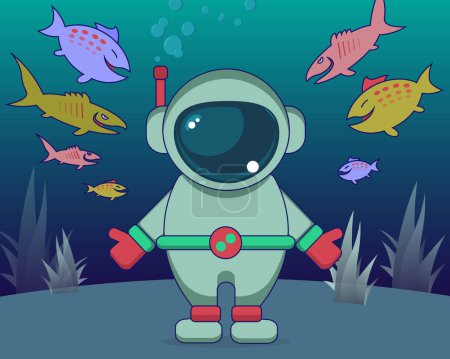 Illustration for Vector illustration of an astronaut swimming in the bottom of the sea among colorful fish - Royalty Free Image