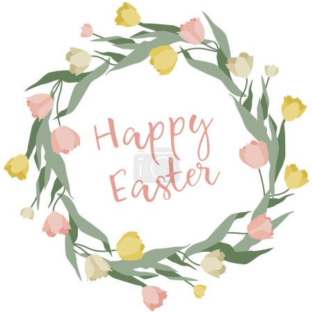 Illustration for Happy Easter flat vector illustration. Cute floral wreath for Happy Easter sticker. Easter banner with white, red and yellow tulips on white background. - Royalty Free Image