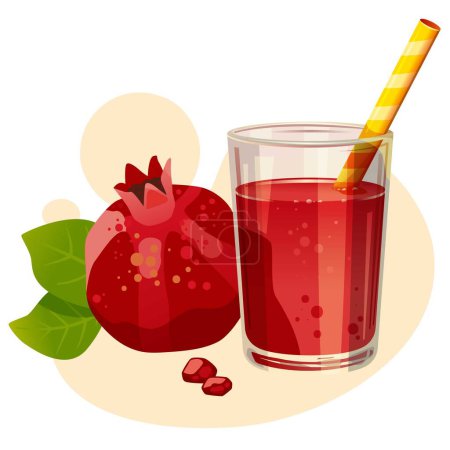 Photo for Set of colorful summer fruit items. Glass of pomegranate juice. Cocktail, drink with a straw. Vector illustration for poster, banner, website, placecard, flyer. Pomegranate with red juice and seeds on abstract background. - Royalty Free Image
