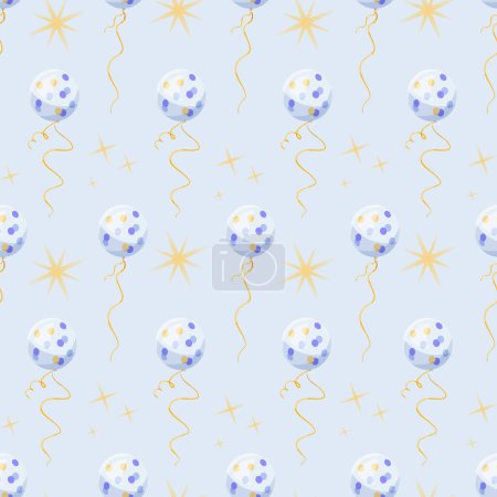 Photo for Vector print. White, blue and yellow set with cristal helium ballons and stars. Baby shower pattern for fabric, textile, wrapping paper, cards ets. Newborn illustration. Pastel boys design. - Royalty Free Image