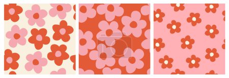 Ilustración de Conjunto de flores de margarita Y2K patrón sin costuras en estilo retro funky groovy. Flores simples en forma de fondo vector. Acogedor estampado de tela vintage, textil, decoración casera. - Imagen libre de derechos