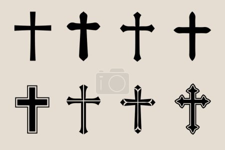 Téléchargez les illustrations : Crucifix décoratif religion symbole catholique, croix chrétiennes. orthodoxe foi église croix icônes conception, isolé ensemble plat - en licence libre de droit