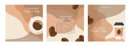 Illustration for International Coffee Day banner, 1st October holiday. Geometric simple minimalistic horizontal greeting flat style for banner, poster, background. Vector illustration. - Royalty Free Image