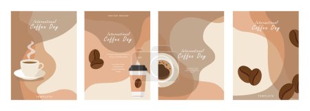 Illustration for International Coffee Day banner, 1st October holiday. Geometric simple minimalistic horizontal greeting flat style for banner, poster, background. Vector illustration. - Royalty Free Image