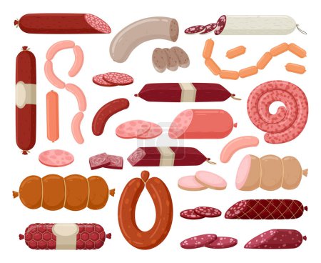 Cartoon sausages, butcher shop meat products. Fresh meat semi-finished sausages and frankfurters flat vector illustration set. Delish meat food collection