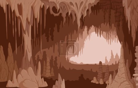 Téléchargez les illustrations : Grotte de dessins animés, stalactites et stalagmites en calcaire naturel. Géologie formations minérales, croissance roches naturelles illustration vectorielle plate. Grotte vue formations calcaires - en licence libre de droit
