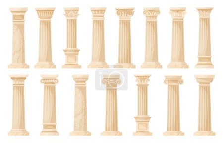 Templo de dibujos animados columnas antiguas, columnas griegas de dibujos animados. Adornos corintios, iónicos y dóricos, decoración de columnatas antiguas colección de ilustración vectorial plana. Conjunto de columnas griegas antiguas
