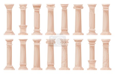 Photo for Roman pillars, cartoon antique architecture columns. Ancient greek ionic and doric ornamented pillars flat vector illustration collection. Greek classic column set - Royalty Free Image