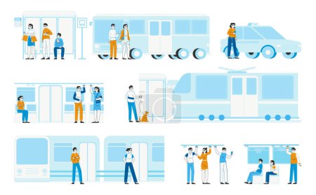 Illustration for Bus stop, taxi, tram busy public transport passengers. People travel on urban city transport, metro train and car sharing passenger flat vector illustration set. City transportation infrastructure - Royalty Free Image