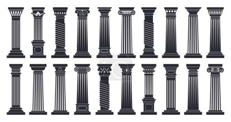 Cartoon roman columns, doric and corinthian architecture order silhouettes. Greek classic columns, black ancient temple columns flat vector illustration set. Antique colonnade silhouette