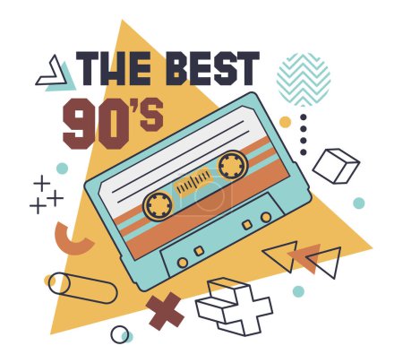 Illustration for Cartoon 80s cassette tape, music audio cassette badge. Retro audio and stereo, 90s analogue player old tape vector symbols illustration. Pop culture song tape sticker - Royalty Free Image