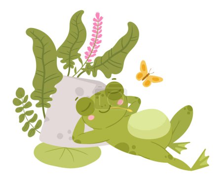 Illustration for Cartoon amphibia, cute resting frog character. Sleeping green toad in natural habitat, froggy water animal with water lilies and reed flat vector illustration. Tranquil green frog - Royalty Free Image