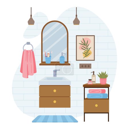 Ilustración de Interior del baño de dibujos animados, baño con lavabo, espejo y plantas. Cuarto de baño escandinavo interior, acogedor baño decorado ilustración vectorial. Moderno baño plano - Imagen libre de derechos