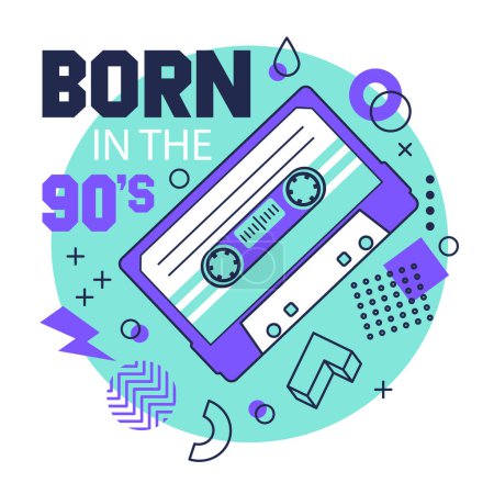 Illustration for Cartoon retro cassette tape badge, music party sticker. Audio and stereo, music audio cassette, 90s pop culture song tape vector background illustration. Old tape 80s sticker - Royalty Free Image