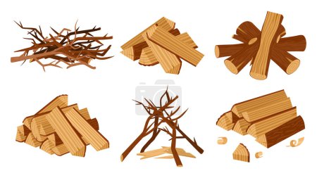 Hoguera de madera de dibujos animados, troncos de madera para hoguera de camping. Madera de fuego, materiales de la industria de la madera, brocha apilada y juego de ilustración de vectores de leña. Colección chimenea de madera