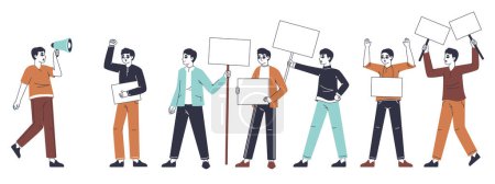 Illustration for Peaceful protest, men holding empty placards. Protesting male activists, people rights and equality protest, manifestation activist group flat vector illustrations. Male strike concept - Royalty Free Image