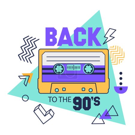 Ilustración de Cinta de casete retro, placa de fiesta de música de los 90. Etiqueta engomada de cinta de audio y estéreo de dibujos animados, ilustración de fondo de vector de cinta de canción de cultura pop. Vintage 80 insignia del reproductor de cinta - Imagen libre de derechos