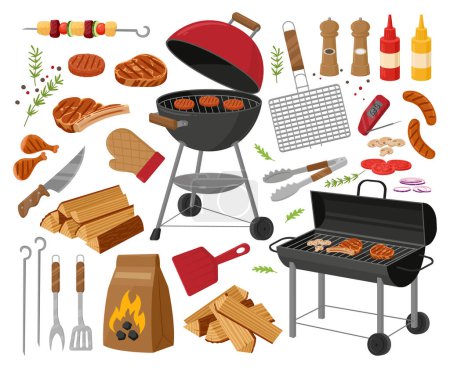 Cartoon barbecue grill, viande rôtie et légumes. Barbecue éléments de fête, steak grillé, saucisses et outils de cuisson barbecue plat vectoriel illustration ensemble. Collection pique-nique barbecue