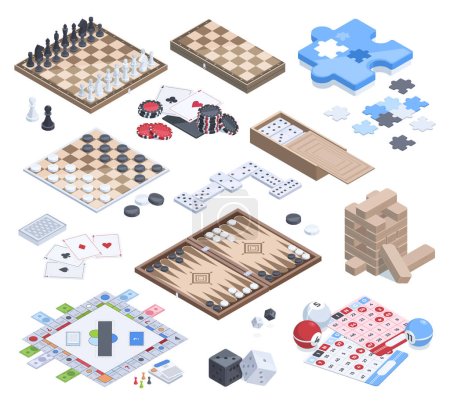 Illustration for Isometric board games, leisure time game. Lotto bingo, chess, domino and cards table gaming 3d vector illustration collection. Leisure board game activities - Royalty Free Image