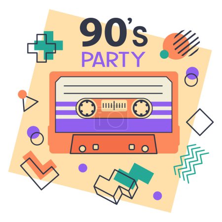 Illustration for Audio and stereo 90s music tape sticker. Retro 80s cassette tape, disco party badge, pop culture song tape isolated flat vector illustration on white background - Royalty Free Image