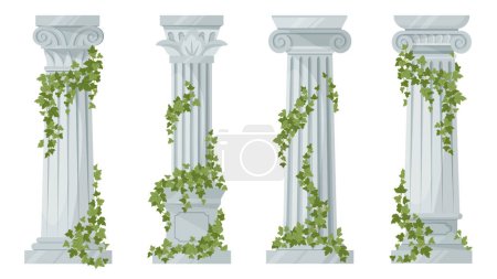 Antique ivy-covered classic greek columns. Cartoon ancient roman pillars with climbing ivy branches isolated flat vector illustration on white background