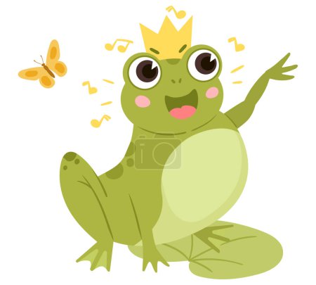 Illustration for Cartoon green frog in crown sitting in pond. Cute amphibia in natural habitat, froggy animal in pond with water lilies isolated flat vector illustration on white background - Royalty Free Image