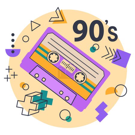 Illustration for Cartoon 90s music audio and stereo tape sticker. Retro cassette tape, disco party badge, pop culture song tape badge isolated flat vector illustration on white background - Royalty Free Image
