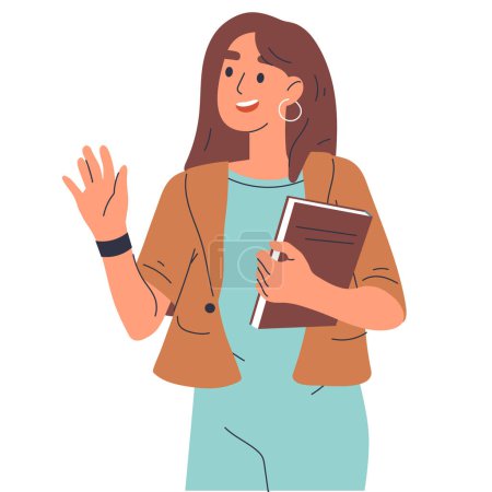 Illustration for Cheerful high school female student carrying book. Young cute girl holding educational literature, young woman with books isolated flat vector illustration on white background - Royalty Free Image